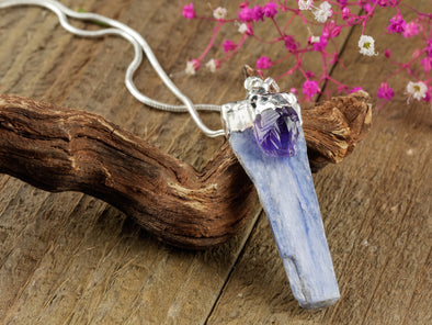 KYANITE & AMETHYST Raw Crystal Pendant - Silver Pendant, Raw Crystal Necklace, Handmade Jewelry, Healing Crystals and Stones, E0896-Throwin Stones