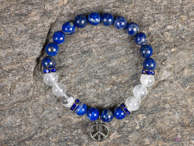 LAPIS LAZULI & Clear QUARTZ Crystal Bracelet with Peace Sign Charm - Beaded Gemstone Handmade Jewelry Gift for Her, E2199-Throwin Stones