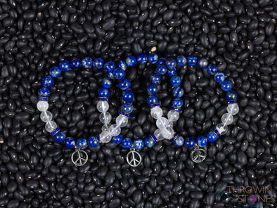 LAPIS LAZULI & Clear QUARTZ Crystal Bracelet with Peace Sign Charm - Beaded Gemstone Handmade Jewelry Gift for Her, E2199-Throwin Stones