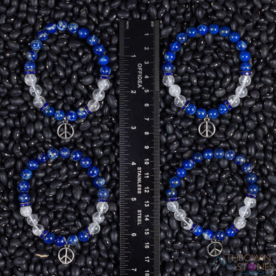 LAPIS LAZULI & Clear QUARTZ Crystal Bracelet with Peace Sign Charm - Beaded Gemstone Handmade Jewelry Gift for Her, E2199-Throwin Stones