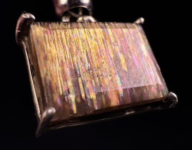 METEOR SUNSTONE Pendant - Sterling Silver, Rectangle - Genuine Rainbow Meteor Shower Sunstone Crystal Pendant from Tanzania, 53957-Throwin Stones