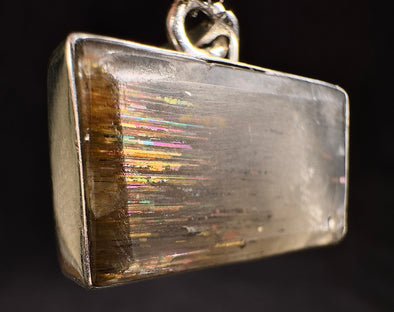 METEOR SUNSTONE Pendant - Sterling Silver, Rectangle - Genuine Rainbow Meteor Shower Sunstone Crystal Pendant from Tanzania, 53971-Throwin Stones