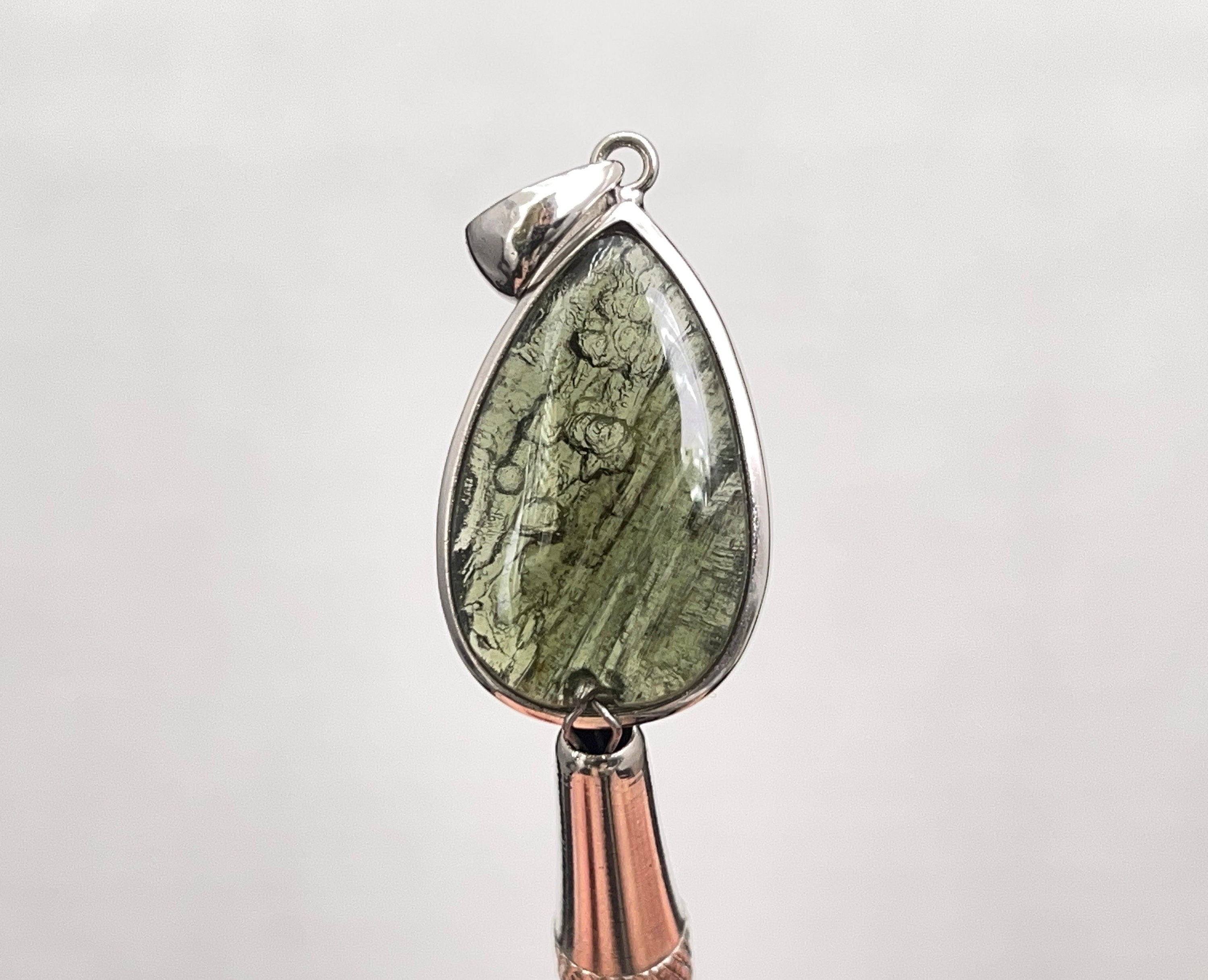 MOLDAVITE Pendant - Sterling Silver, Teardrop, Raw and Polished - Throwin Stones