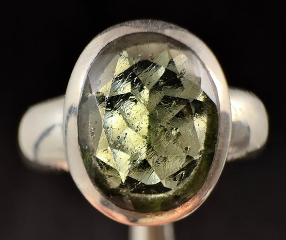 MOLDAVITE Ring - Size 8, Sterling Silver Ring, Faceted Oval - Genuine Moldavite Ring, Moldavite Jewelry with Certification, 53515-Throwin Stones