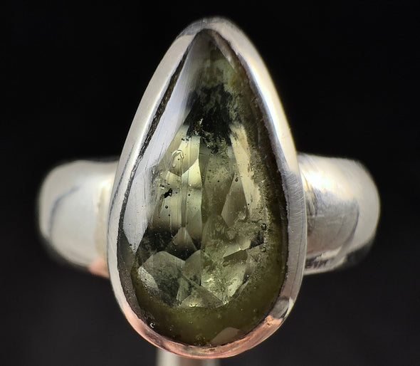 MOLDAVITE Ring - Size 8, Sterling Silver Ring, Faceted Teardrop - Genuine Moldavite Ring, Moldavite Jewelry with Certification, 53523-Throwin Stones