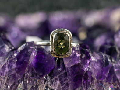 MOLDAVITE Ring, Sz 5-9, Sterling Silver, Rope Bezel, Faceted Rectangle, Genuine Moldavite Ring, Moldavite Jewelry with Certification, E2165-Throwin Stones