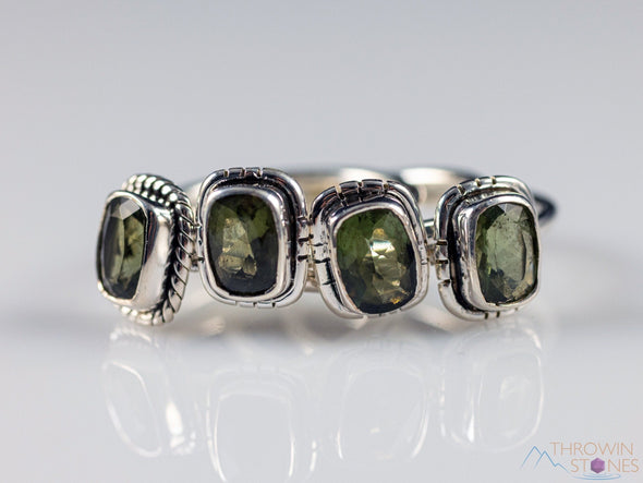 MOLDAVITE Ring, Sz 5-9, Sterling Silver, Rope Bezel, Faceted Rectangle, Genuine Moldavite Ring, Moldavite Jewelry with Certification, E2165-Throwin Stones