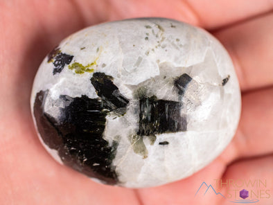 MOONSTONE Crystal Palm Stone - White Feldspar with Black Tourmaline - Worry Stone, Self Care, Healing Crystals and Stones, E1970-Throwin Stones