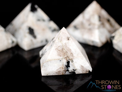 MOONSTONE Crystal Pyramid - White Feldspar with Black Tourmaline - Sacred Geometry, Metaphysical, Healing Crystals and Stones, E2059-Throwin Stones