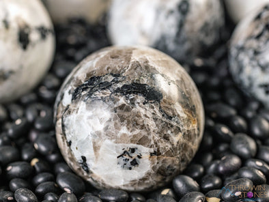 MOONSTONE Crystal Sphere - White Feldspar, Black Tourmaline - Crystal Ball, Housewarming Gift, Home Decor, E2144-Throwin Stones