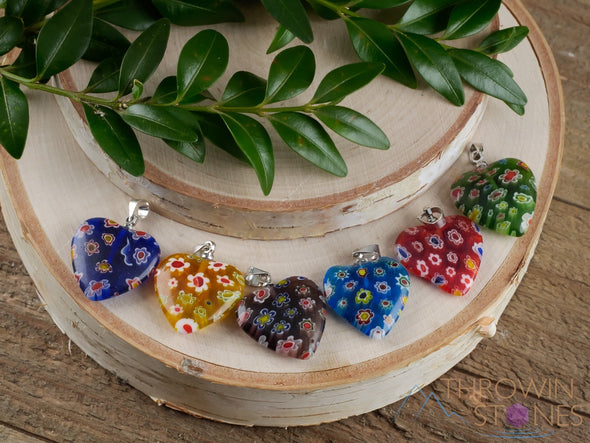 Millefiori GLASS Heart Pendant - Flower Girl Necklace Gift, Flower Pendant, Handmade Jewelry, E1319-Throwin Stones