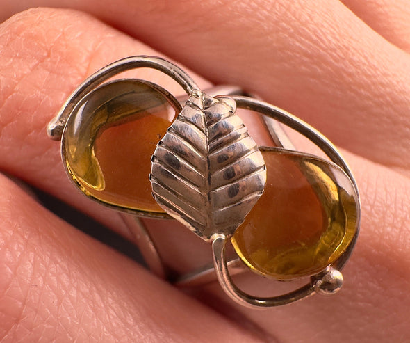 Natural AMBER Ring - Adjustable - Genuine Sterling Silver Ring with a Polished AMBER Center Stone, 53760-Throwin Stones