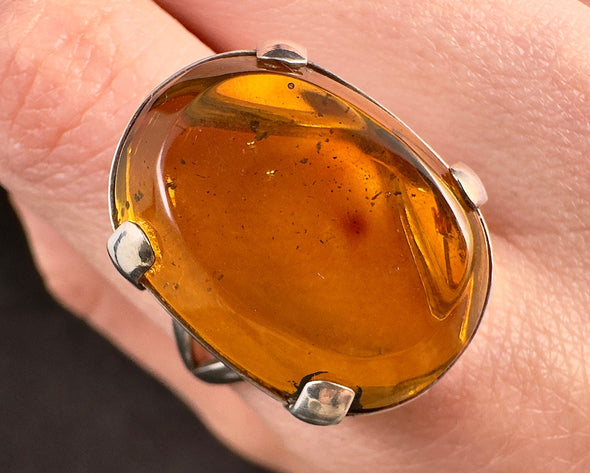 Natural AMBER Ring - Adjustable - Genuine Sterling Silver Ring with a Polished AMBER Center Stone, 53762-Throwin Stones