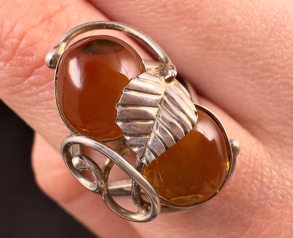 Natural AMBER Ring - Adjustable - Genuine Sterling Silver Ring with a Polished AMBER Center Stone, 53785-Throwin Stones