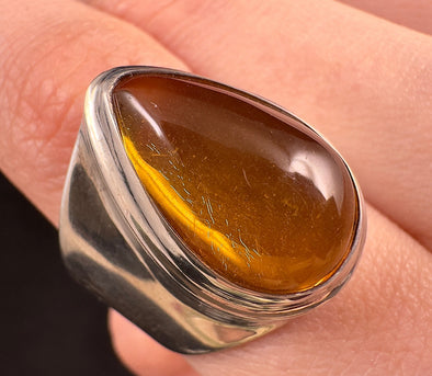 Natural AMBER Ring - SIZE 8- Genuine Sterling Silver Ring with a Polished AMBER Center Stone, 53780-Throwin Stones