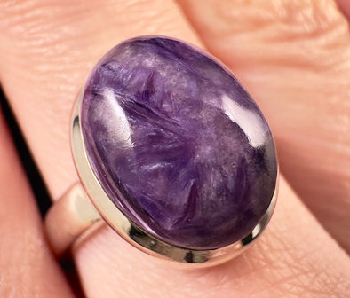 Natural CHAROITE Gemstone Ring - SIZE 6.75 - Genuine Sterling Silver Bezel Ring with a Polished Oval CHAROITE Crystal Center Stone, 53024-Throwin Stones