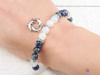 OPALITE & KYANITE Crystal Bracelet - Dolphin Charm, Round Beads - Charm Bracelet, Beaded Bracelet, Handmade Jewelry, E0974-Throwin Stones