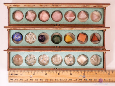 Platonic Solid Set, Merkaba, Crystal Sphere, in Crystal Grid Board Wooden Box - Chakra, Rose or Clear Quartz - Healing Crystals Set, E1760-Throwin Stones