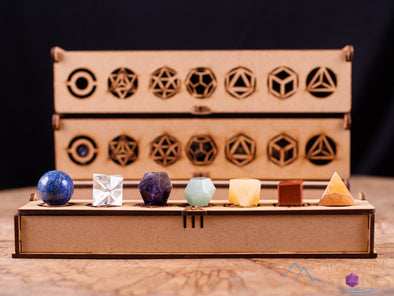 Platonic Solid Set, Merkaba, Crystal Sphere, in Crystal Grid Board Wooden Box - Healing Crystals Set, Beginner Crystal Kit, E1991-Throwin Stones