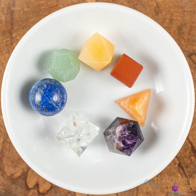 Platonic Solid Set, Merkaba, Crystal Sphere, in Crystal Grid Board Wooden Box - Healing Crystals Set, Beginner Crystal Kit, E1991-Throwin Stones