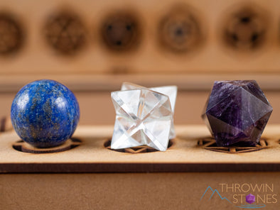 Platonic Solid Set, Merkaba, Crystal Sphere, in Crystal Grid Board Wooden Box - Healing Crystals Set, Beginner Crystal Kit, E1991-Throwin Stones