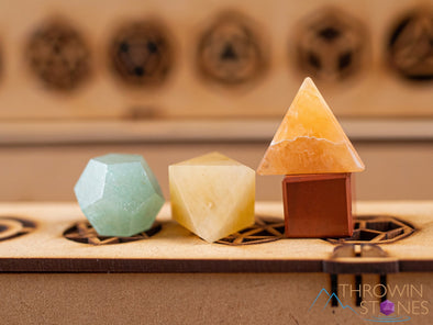 Platonic Solid Set, Merkaba, Crystal Sphere, in Crystal Grid Board Wooden Box - Healing Crystals Set, Beginner Crystal Kit, E1991-Throwin Stones