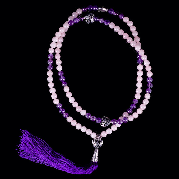 ROSE QUARTZ & AMETHYST Crystal Necklace, Mala - Beaded Necklace, Handmade Jewelry, Healing Crystals and Stones, E0977-Throwin Stones