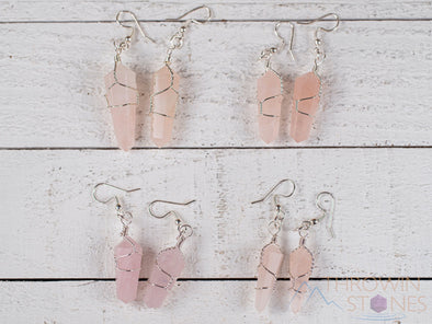 ROSE QUARTZ Crystal Earrings - Crystal Points Dangle Drop Earrings, Wire Wrapped Birthstone Gemstone Handmade Jewelry, E1394-Throwin Stones