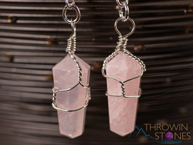 ROSE QUARTZ Crystal Earrings - Crystal Points Dangle Drop Earrings, Wire Wrapped Birthstone Gemstone Handmade Jewelry, E1394-Throwin Stones