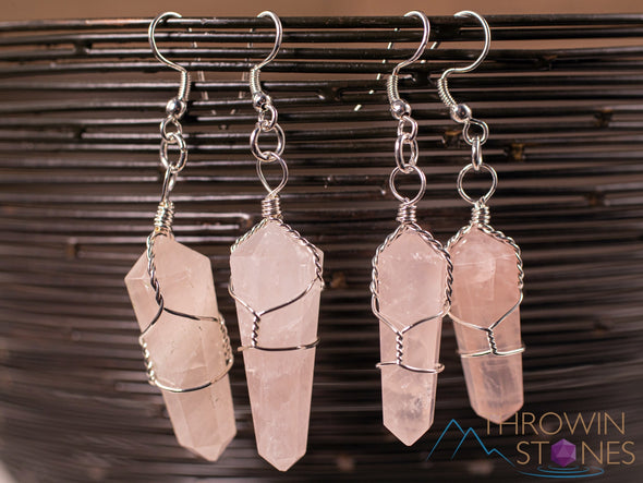 ROSE QUARTZ Crystal Earrings - Crystal Points Dangle Drop Earrings, Wire Wrapped Birthstone Gemstone Handmade Jewelry, E1394-Throwin Stones