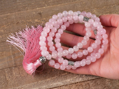 ROSE QUARTZ Crystal Necklace, Mala - Handmade Jewelry, Beaded Necklace, Healing Crystals and Stones, E0670-Throwin Stones