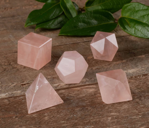 ROSE QUARTZ Crystal Platonic Solids Set - Sacred Geometry Home Decor, Metaphysical Healing Crystals and Stones, E0499-Throwin Stones