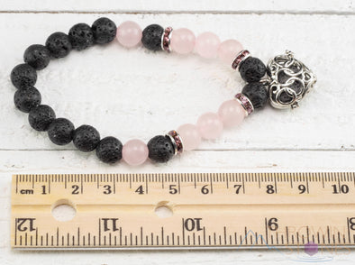 ROSE QUARTZ & LAVA Crystal Bracelet - Heart Locket, Round Beads - Aromatherapy Diffuser, Charm Bracelet, Beaded Bracelet, Jewelry, E0981-Throwin Stones