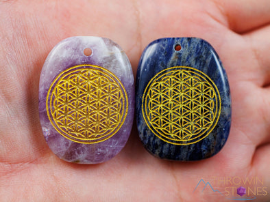 ROSE or CLEAR Quartz, AMETHYST, or Sodalite Crystal Pendant - Engraved, Flower of Life - Mandala, Sacred Geometry, Jewelry, E2101-Throwin Stones