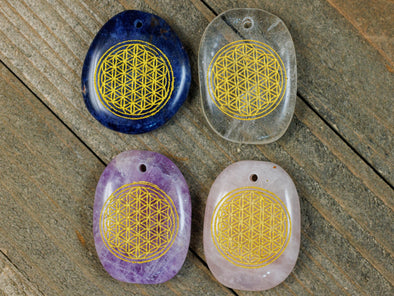 ROSE or CLEAR Quartz, AMETHYST, or Sodalite Crystal Pendant - Engraved, Flower of Life - Mandala, Sacred Geometry, Jewelry, E2101-Throwin Stones
