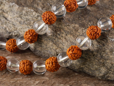 RUDRAKSHA & CLEAR QUARTZ Crystal Necklace, Mala - Beaded Spiritual Healing Stone Jewelry, E0432-Throwin Stones
