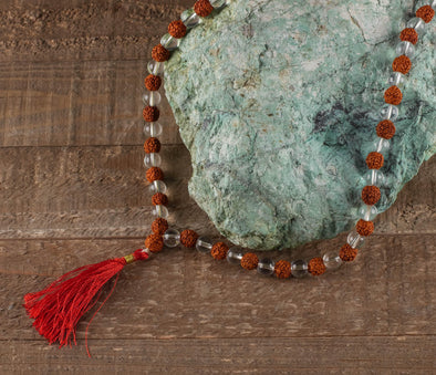 RUDRAKSHA & CLEAR QUARTZ Crystal Necklace, Mala - Beaded Spiritual Healing Stone Jewelry, E0432-Throwin Stones