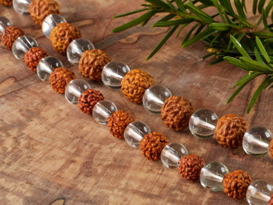 RUDRAKSHA & CLEAR QUARTZ Crystal Necklace, Mala - Beaded Spiritual Healing Stone Jewelry, E0432-Throwin Stones