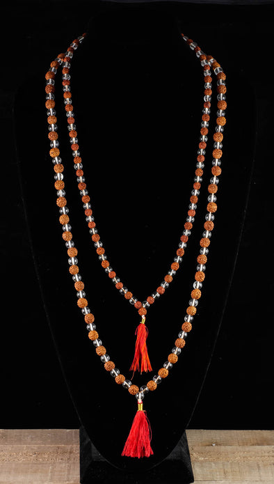 RUDRAKSHA & CLEAR QUARTZ Crystal Necklace, Mala - Beaded Spiritual Healing Stone Jewelry, E0432-Throwin Stones