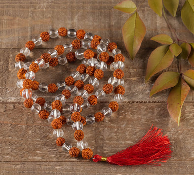 RUDRAKSHA & CLEAR QUARTZ Crystal Necklace, Mala - Beaded Spiritual Healing Stone Jewelry, E0432-Throwin Stones