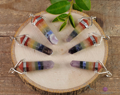 Rainbow CHAKRA Crystal Pendant - Mixed Polished Stone Mini Point Silver Plated Jewelry, E0320-Throwin Stones
