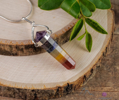 Rainbow CHAKRA Crystal Pendant - Mixed Polished Stone Mini Point Silver Plated Jewelry, E0320-Throwin Stones