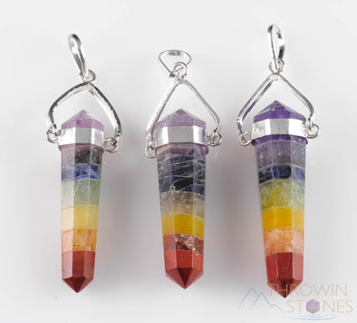 Rainbow CHAKRA Crystal Pendant - Mixed Polished Stone Mini Point Silver Plated Jewelry, E0320-Throwin Stones