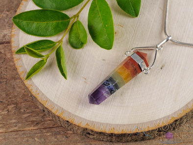 Rainbow CHAKRA Crystal Pendant - Mixed Polished Stone Mini Point Silver Plated Jewelry, E0320-Throwin Stones