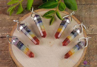 Rainbow CHAKRA Crystal Pendant - Mixed Polished Stone Mini Point Silver Plated Jewelry, E0320-Throwin Stones