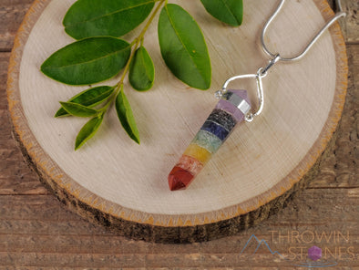 Rainbow CHAKRA Crystal Pendant - Mixed Polished Stone Mini Point Silver Plated Jewelry, E0320-Throwin Stones
