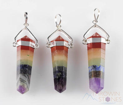 Rainbow CHAKRA Crystal Pendant - Mixed Polished Stone Mini Point Silver Plated Jewelry, E0320-Throwin Stones