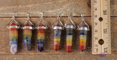 Rainbow CHAKRA Crystal Pendant - Mixed Polished Stone Mini Point Silver Plated Jewelry, E0320-Throwin Stones