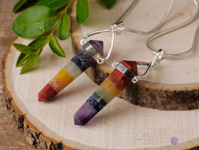 Rainbow CHAKRA Crystal Pendant - Mixed Polished Stone Mini Point Silver Plated Jewelry, E0320-Throwin Stones