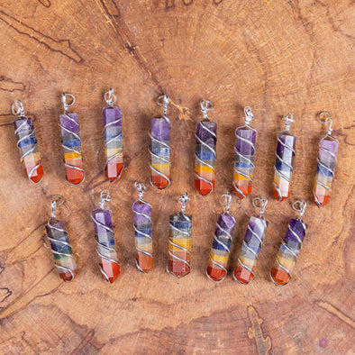 Rainbow CHAKRA Crystal Point Pendant - Wire Wrapped Gemstone Handmade Jewelry, Healing Crystals and Stones, E1360-Throwin Stones